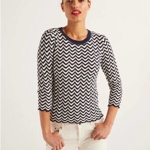 Boden Powis Pointelle Sweater Navy Zig Zag Cotton Crewneck US 8